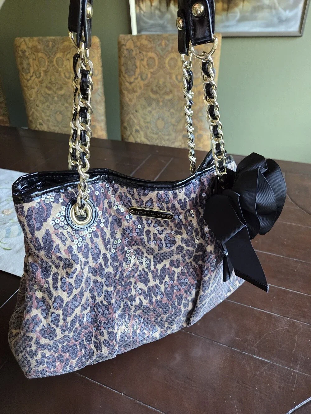 Betsey Johnson Leopard Sequin Large Shoulder Bag In Excellent Like New Condition